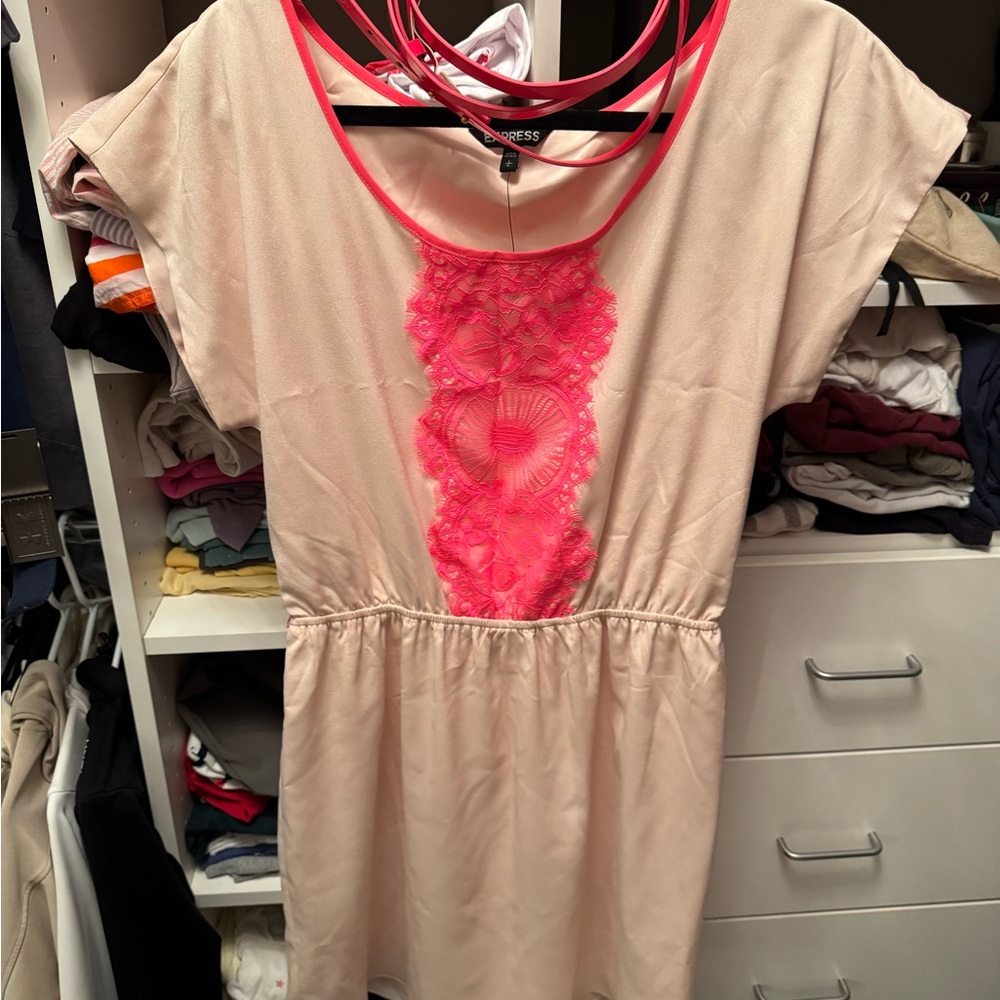 Beige Dress with Pink Lace Detail
